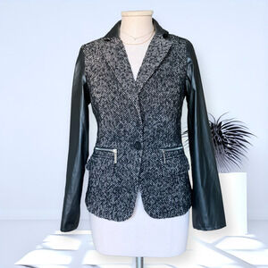 MICHAEL KORS Leather Wool Blend Tweed Sport Coat Jacket Blazer Black Fall Size 4